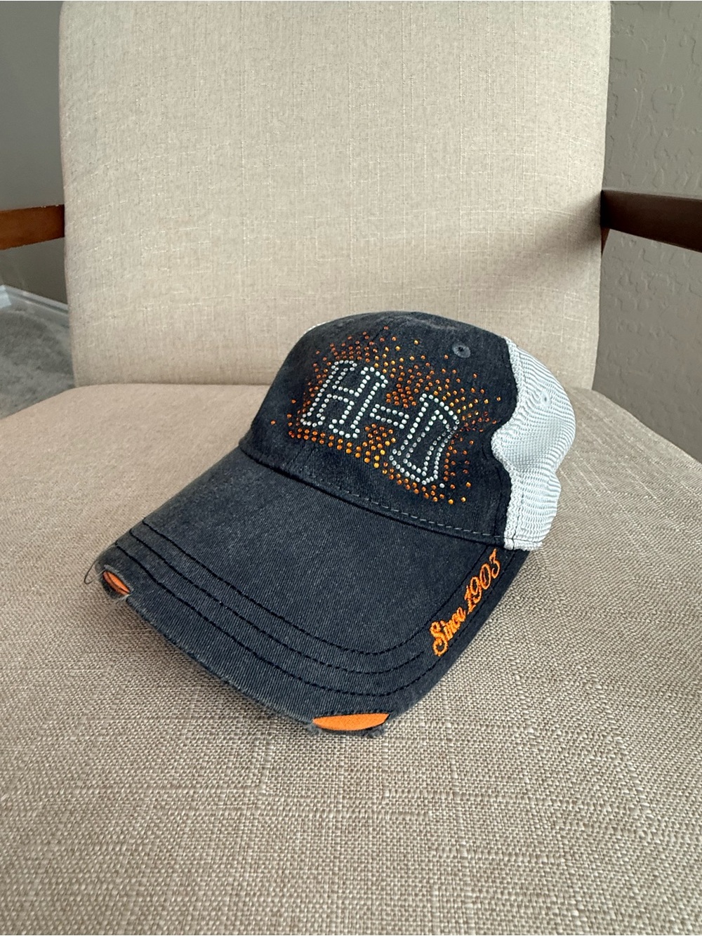 Harley-Davidson Black and White Trucker Hat with Orange Accents